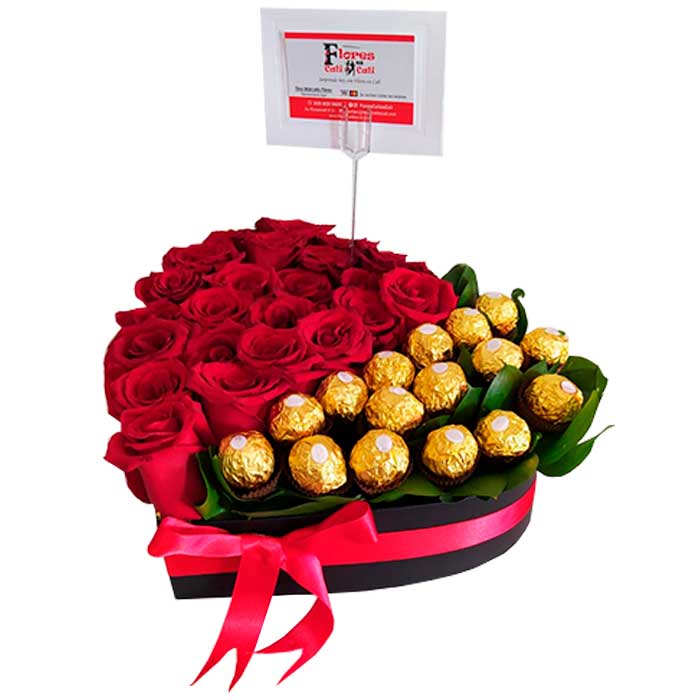 Caja de corazón Con Rosas y Chocolates |Entregas Hoy | Floristería©