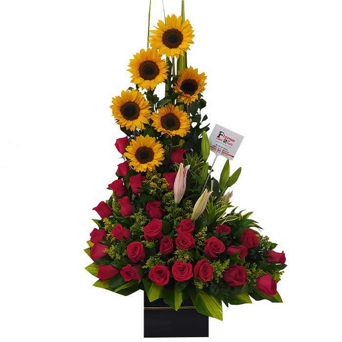 ramo-de-rosas-rojas-y-girasoles-Floristeria-en-Cali