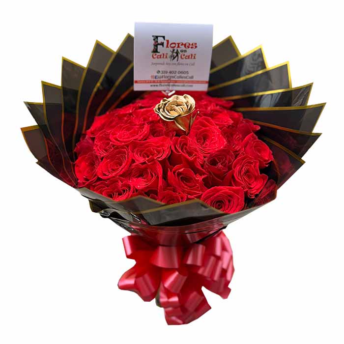 Envio a domicilio de Ramo-Buchon-Rosas-Rojas-y-Una-Dorada-Cali