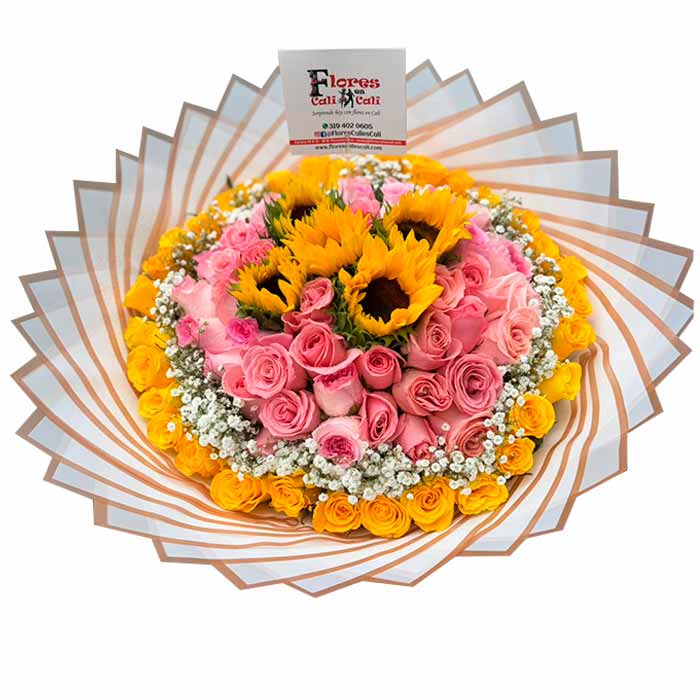 Ramo-Rosas-Rosadas-con-Girasoles-en-Cali
