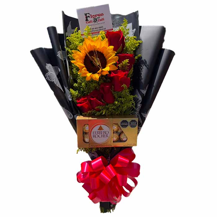 Ramo-de-rosas-chocolate-y-un-girasol-en-cali