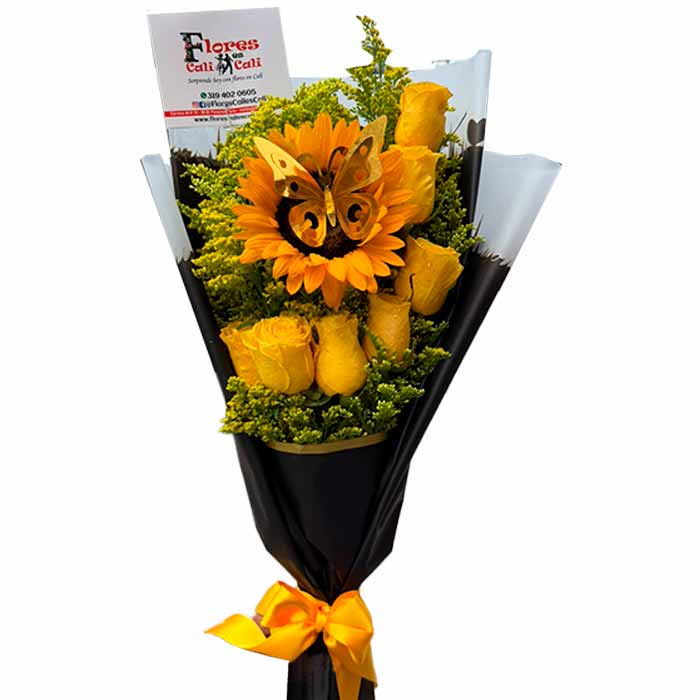 Bouquet-Rosas-Amarillas-y-un-girasol-en-Cali